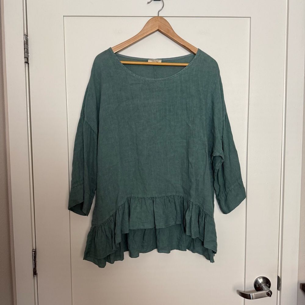 Puro Lino Oversized Top Tunic Green Linen Layers Made In Italy Lagenlook Boho